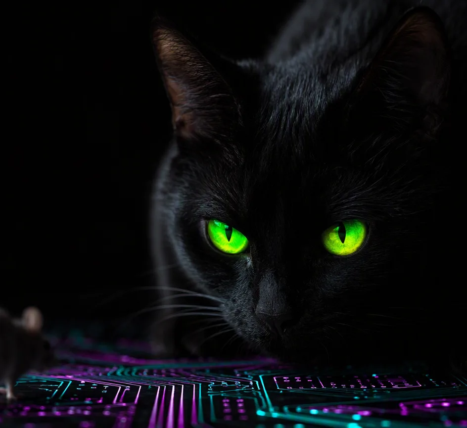 A black cat with glowing green eyes watching a mouse on a circuit board